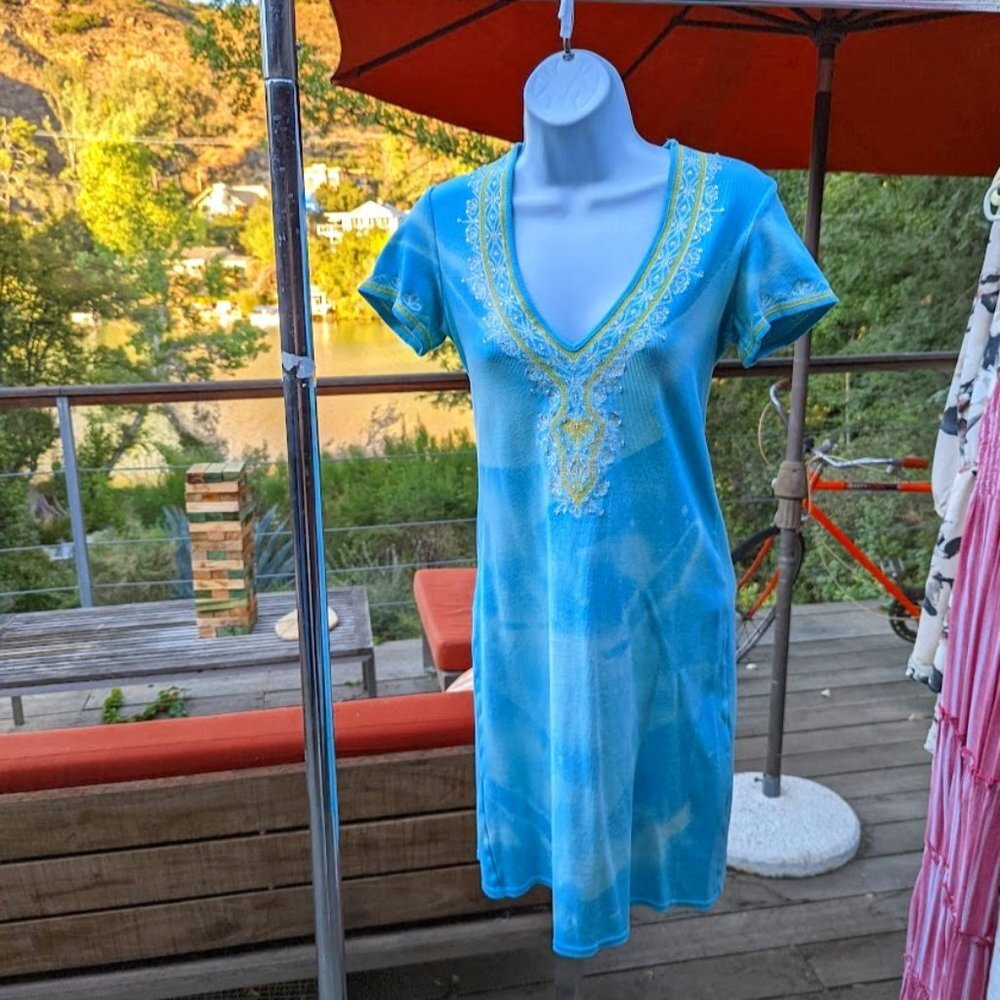 Rare Vintage! Victoria's Secret Tie-Dye Embroidered Turquoise Yellow Dress sz S